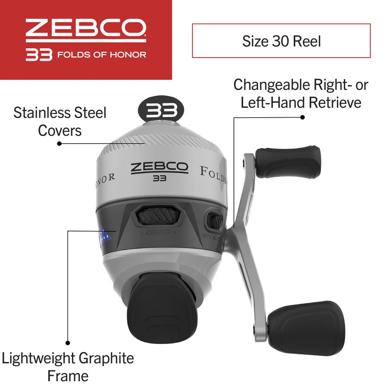 Zebco 33 Folds of Honor Spincast Reel and 2-Piece Fishing Rod Combo, 6-Foot Fiberglass Rod, Quickset Anti-Reverse Fishing Reel with Bite Alert, 1 Dollar Donated to Folds of Honor Foundation,Grey/Black - Image 3